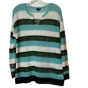 Talbots Linen Blend Open‎ Netted Sweater Sz L Petite Blue/Green/White Striped